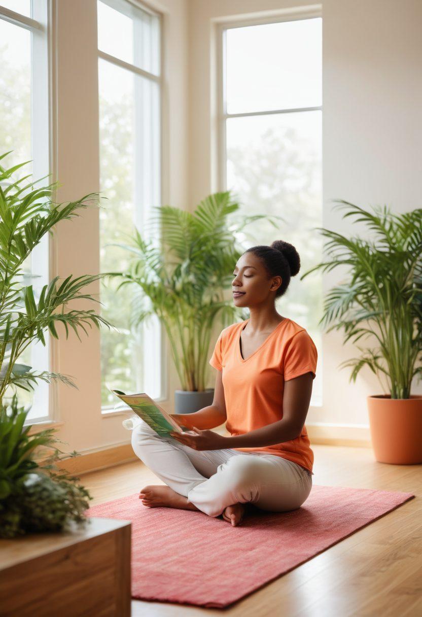 A serene healthcare setting featuring a diverse group of patients and educators engaged in an interactive workshop. The atmosphere is welcoming and filled with natural light, showcasing educational materials like pamphlets and charts about wellness. Highlight a sense of collaboration and empowerment in their expressions and body language. Include elements of nature, such as indoor plants, to signify holistic well-being. soft focus. vibrant colors. 3D.