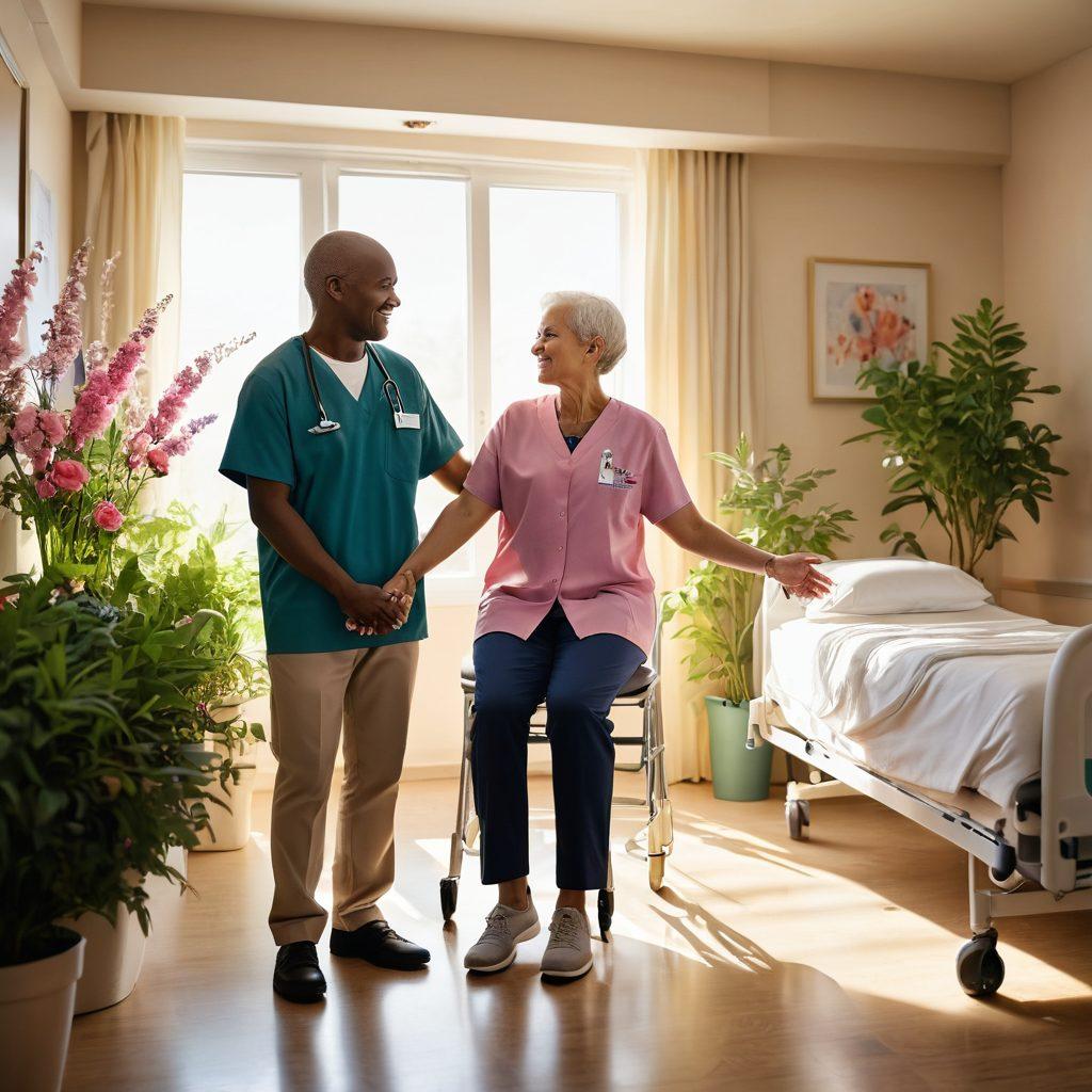 A compassionate healthcare professional holding hands with a cancer survivor in a sunlit hospital room, surrounded by blooming plants symbolizing hope and healing. In the background, there are images of diverse patients supported by advocates. The overall atmosphere exudes positivity, resilience, and empowerment. super-realistic. vibrant colors. warm lighting.