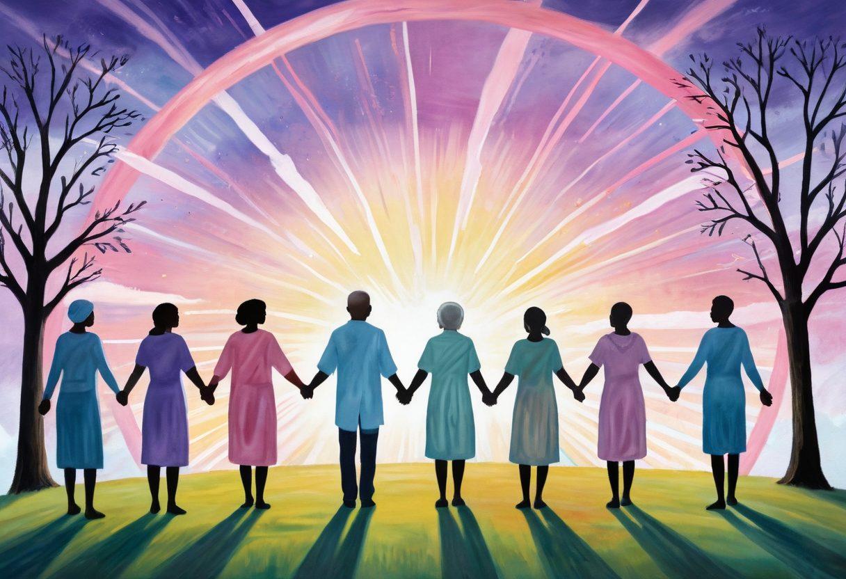 A comforting scene depicting a diverse group of cancer patients and survivors, holding hands in a circle to symbolize support. In the background, there are symbolic elements like a cancer ribbon, a tree of hope, and rays of sunlight breaking through dark clouds, representing resilience. Soft pastel colors create a gentle atmosphere, inspiring hope and strength. Painting style. vibrant colors.